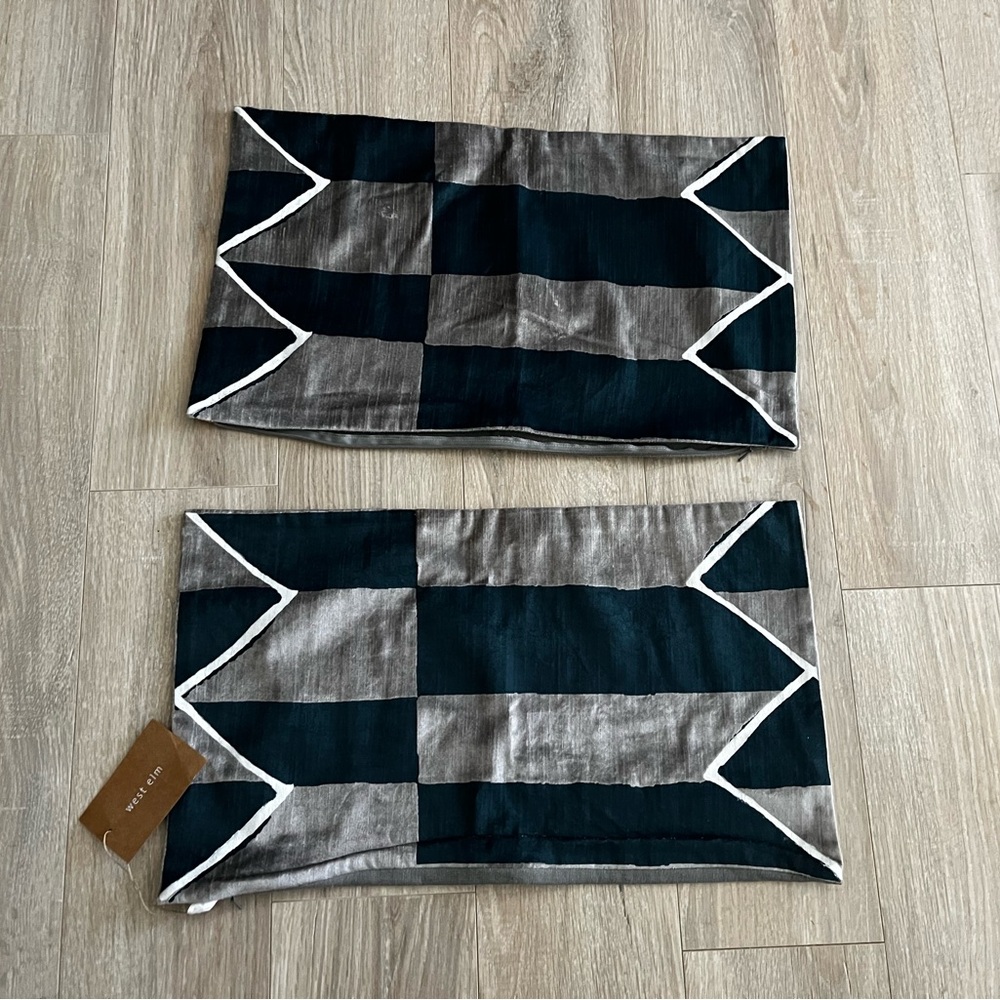 NWT West Elm Blue and Grey Geometric Velvet Pillow Cases 12” x 21”